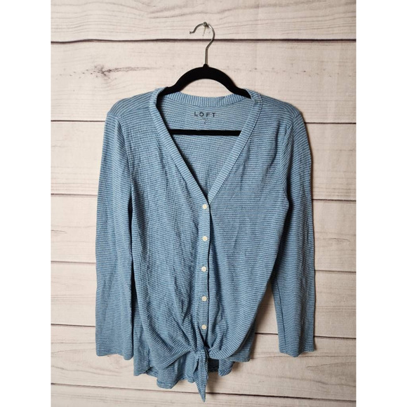 Loft Womens Cardigan Sweater Blue White Stripe Long Sleeve V Neck Tie Front‎ S - Picture 1 of 6